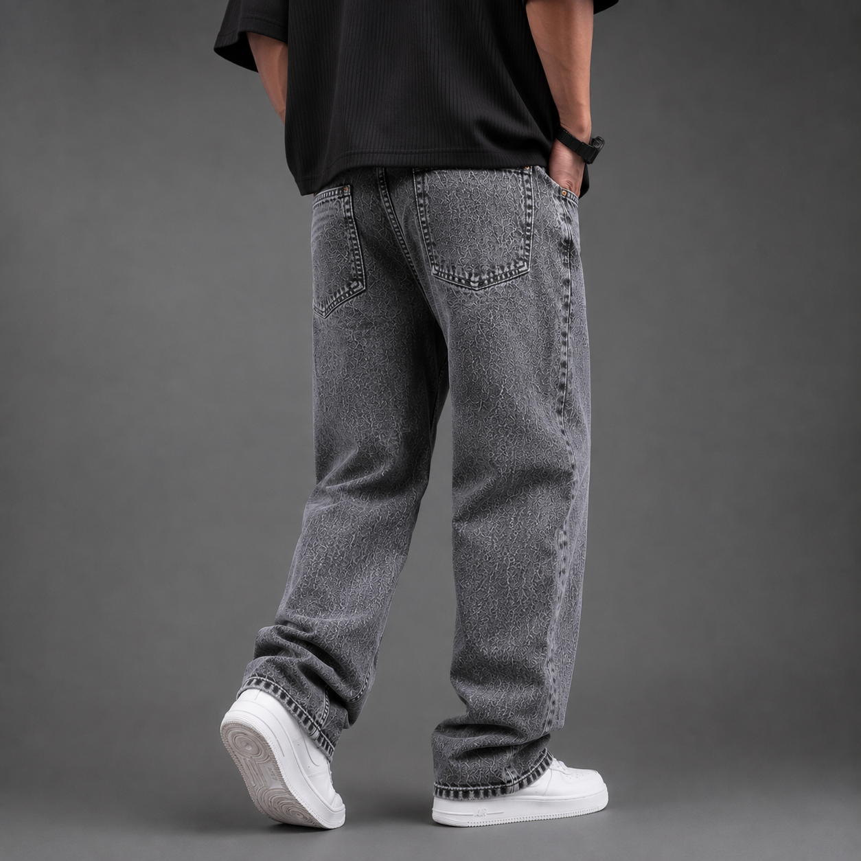 Charcoal Grey Washed Baggy Fit Denim Jeans