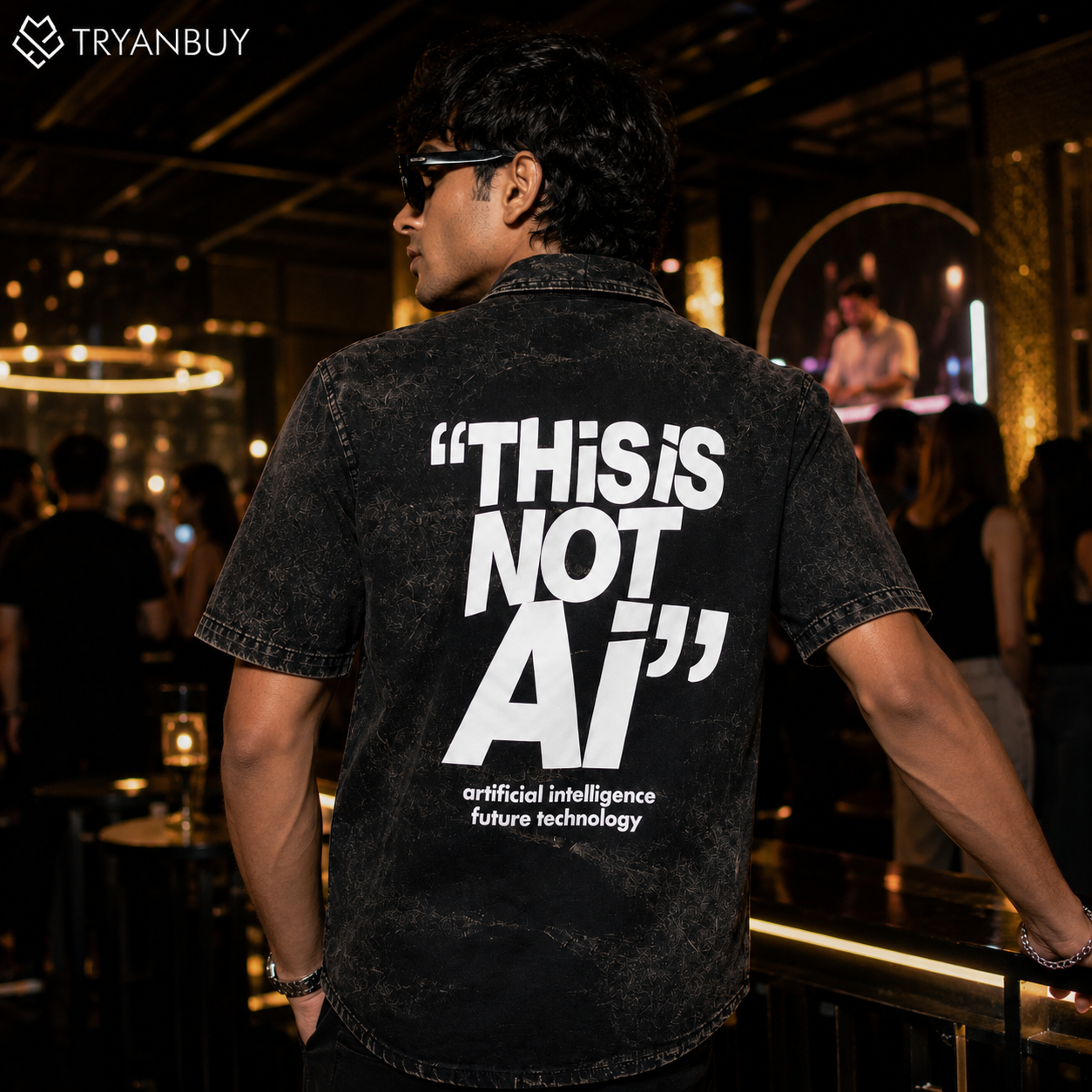 "THIS IS NOT AI" Oversized Acid Wash Printed Shirt