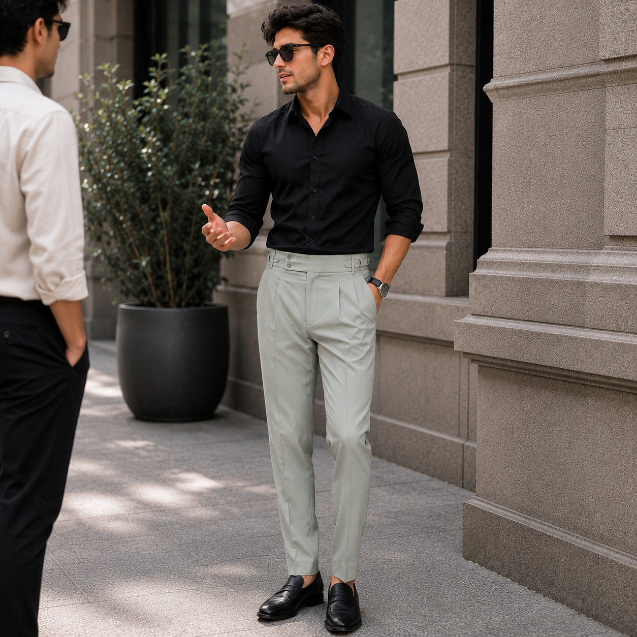 Light Sage Grey  Pleated Gurkha Tailored Trousers