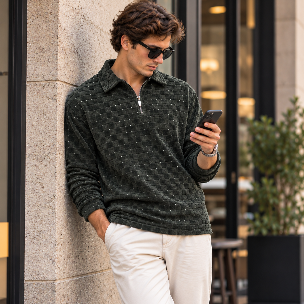 Textured Quarter-Zip Pullover Sweatshirt – Charcoal Green