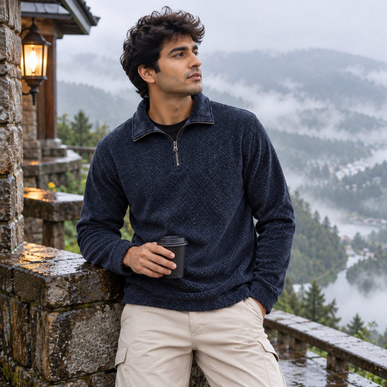 Mocha Textured Quarter Zip Sweatshirt