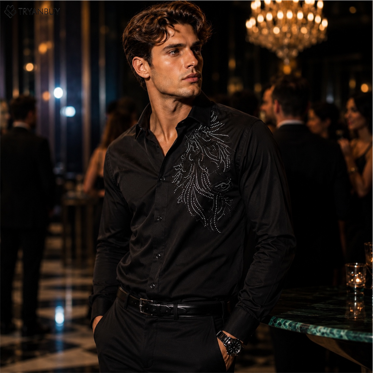 Black Rhinestone Embellished Premium Party Shirt