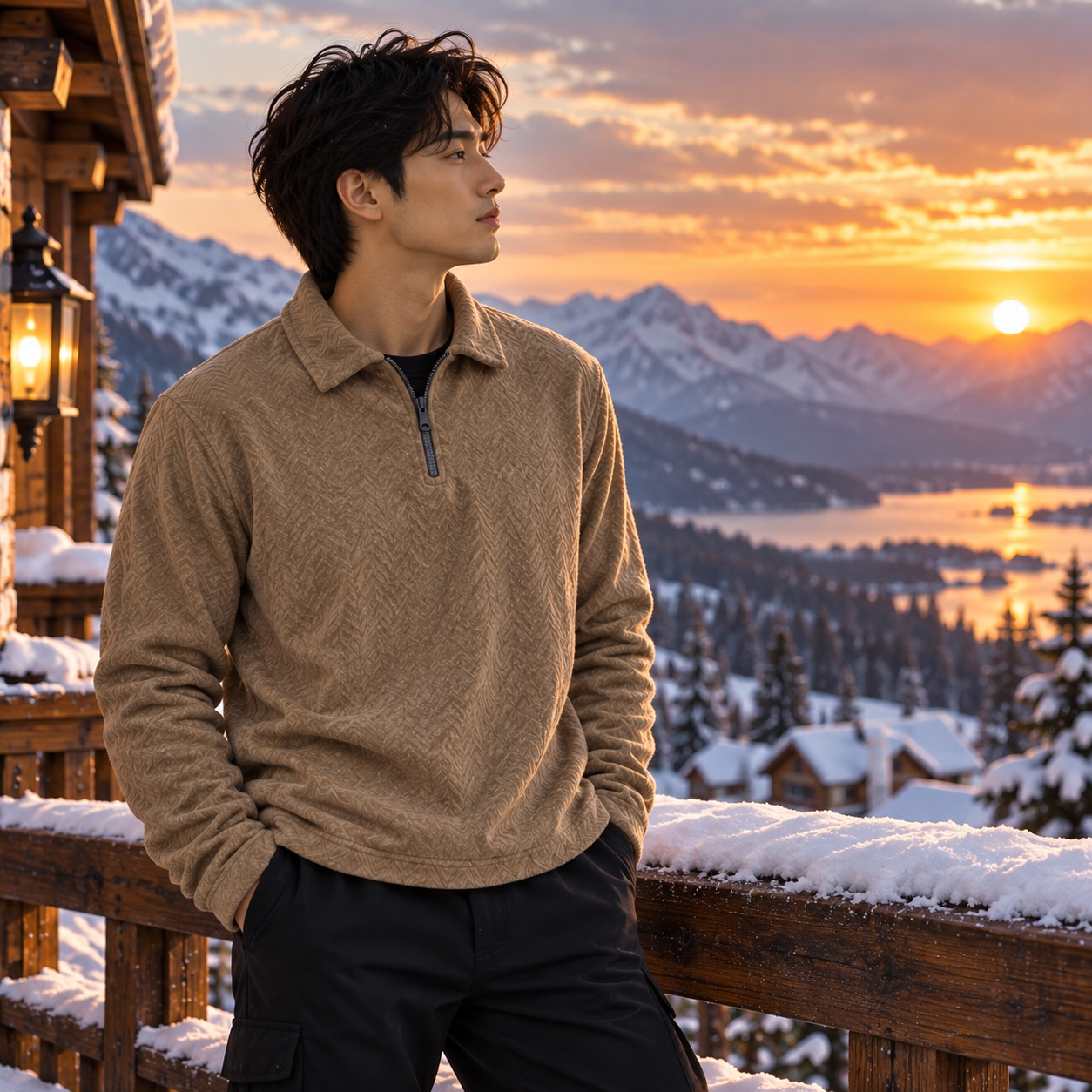 Men's camel brownTextured Quarter Zip Sweatshirt | Premium Casual