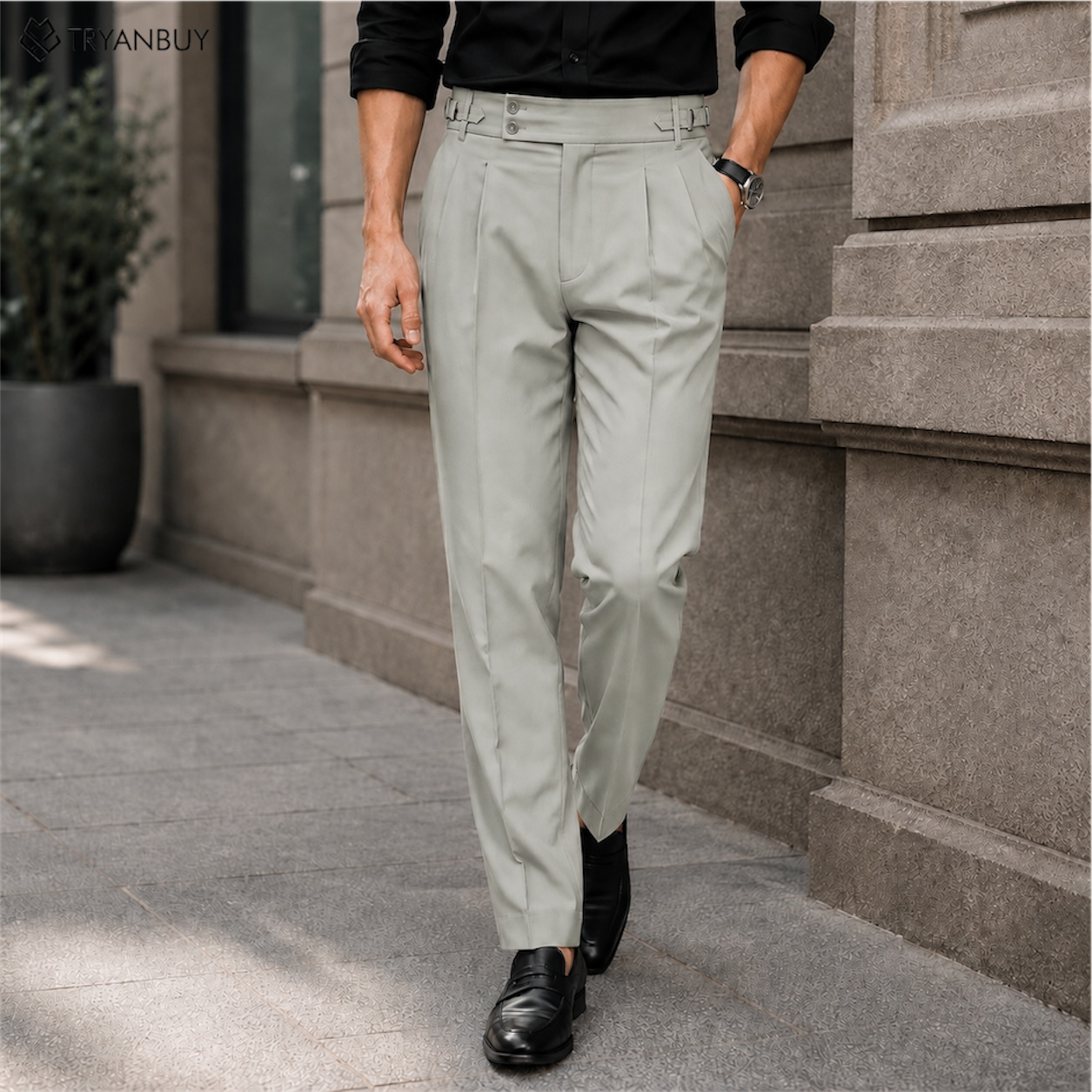 Light Sage Grey  Pleated Gurkha Tailored Trousers