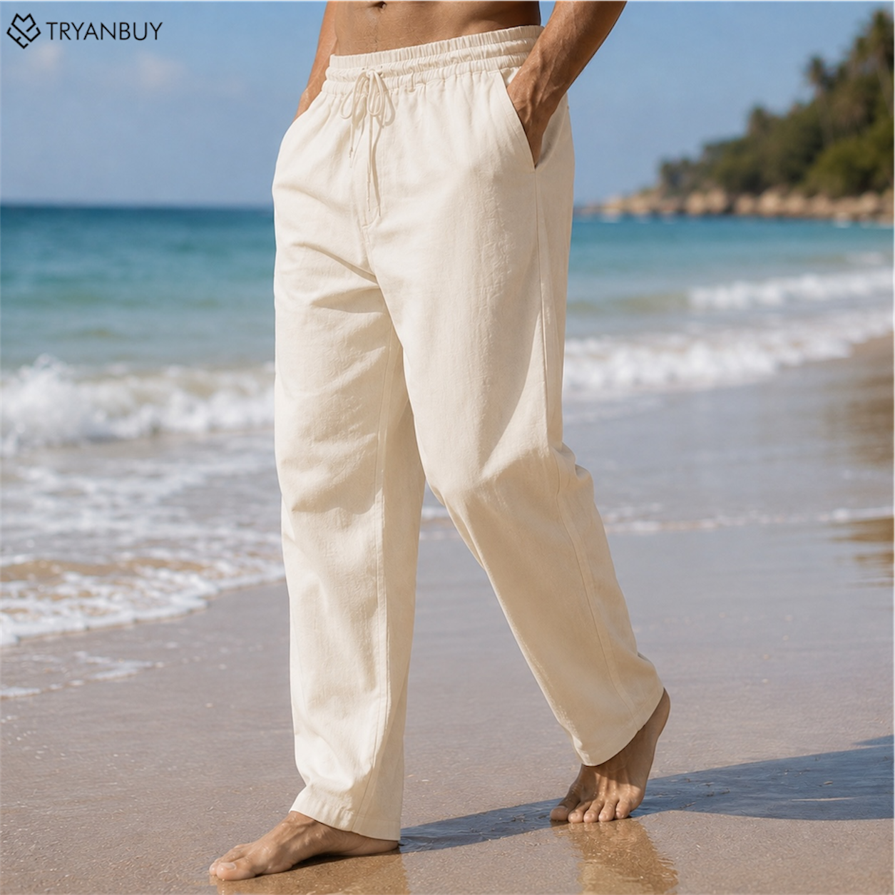 Dark Sand Beige Linen Casual Fit  Pants