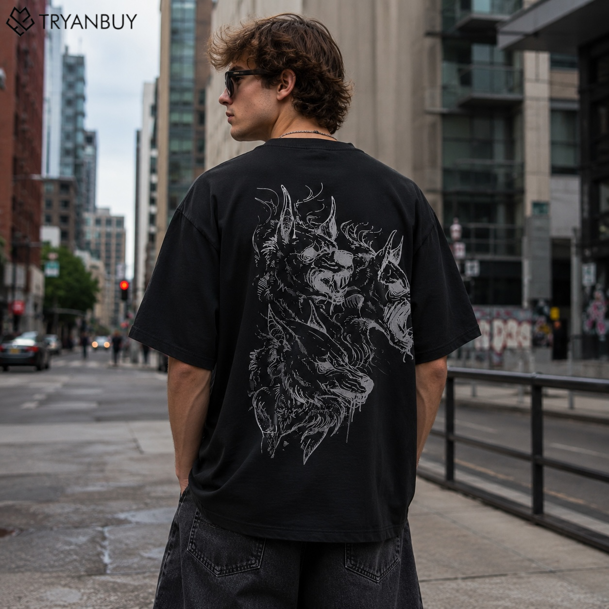Shadow Wolves Oversized Graphic T-Shirt – Midnight Black