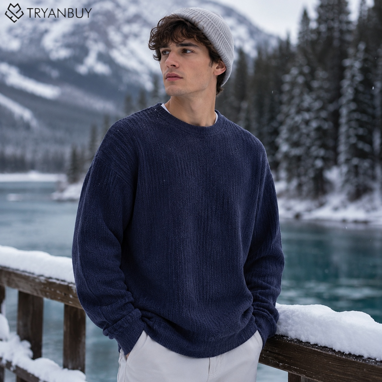 Men’s Waffle Knit Full Sleeve T-Shirt – Navy Blue