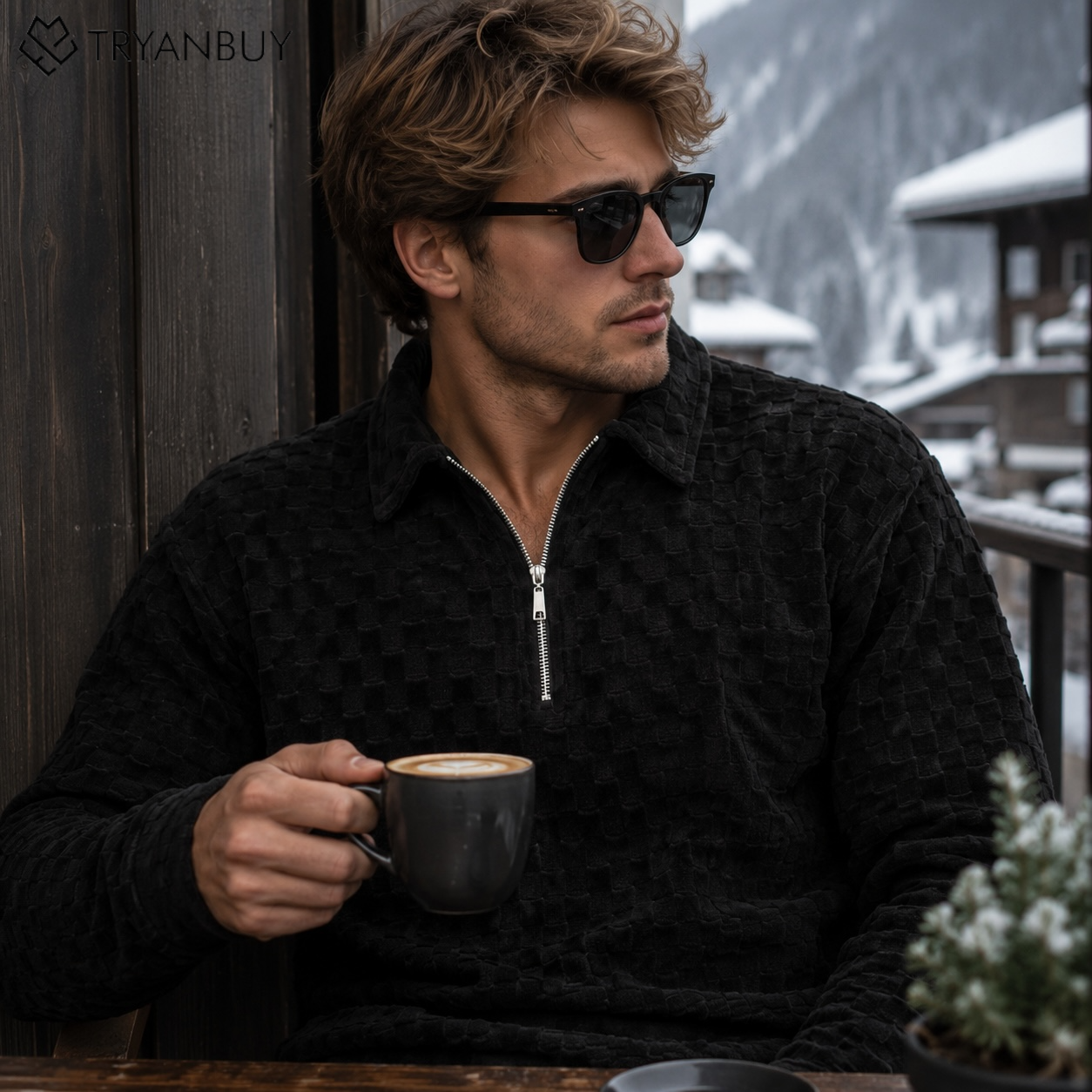 Midnight Checkered Quarter Zip Sweatshirt | BLACK
