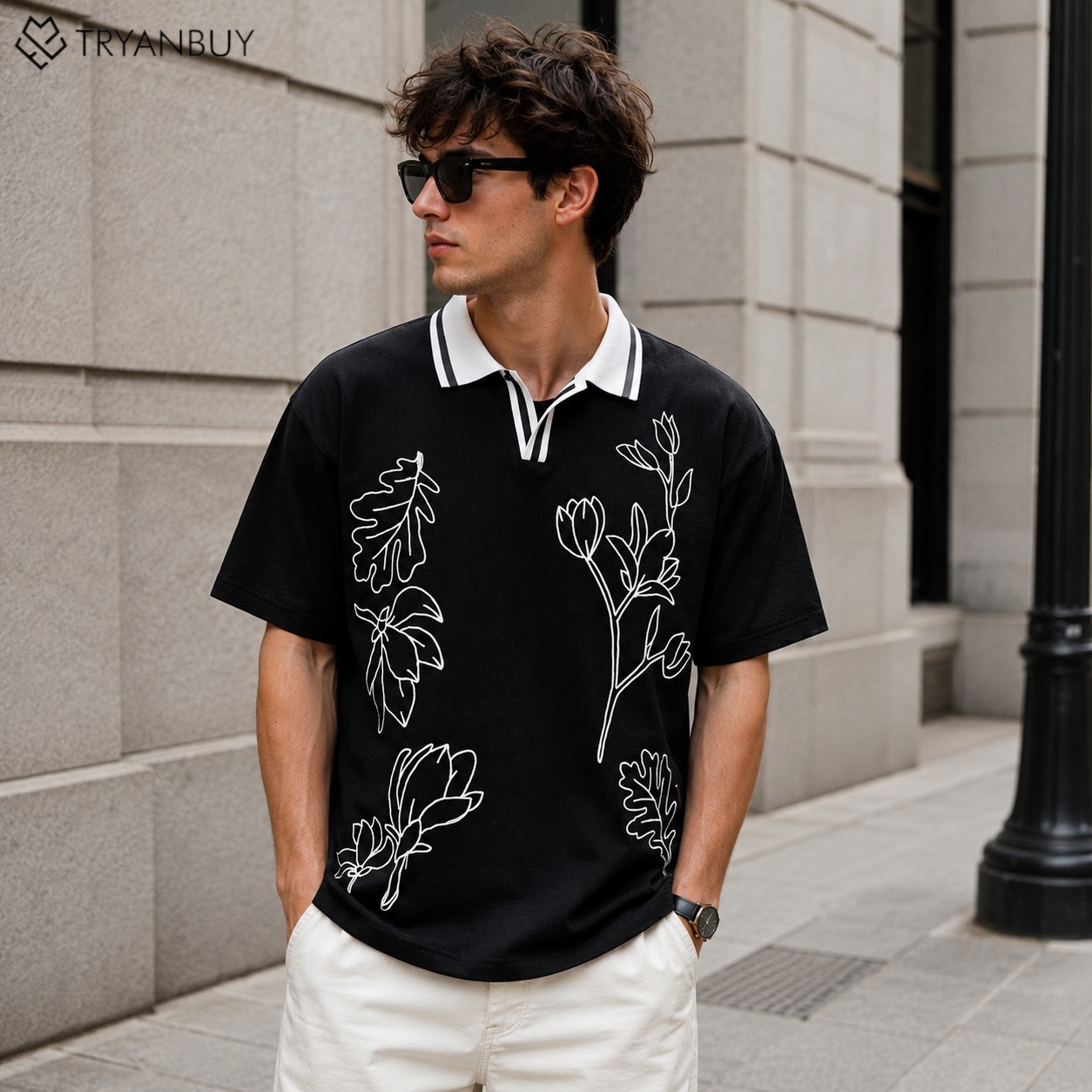 Cotton Textured Rib Knit Polo T-Shirt - Black