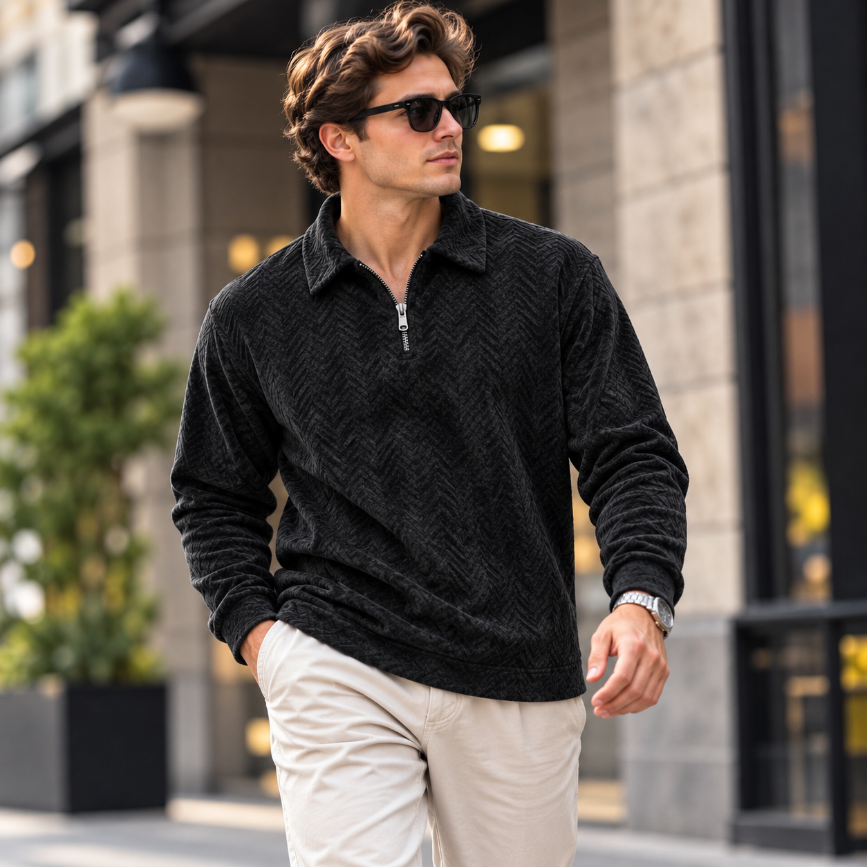 Chevron Textured Quarter-Zip Pullover – Black