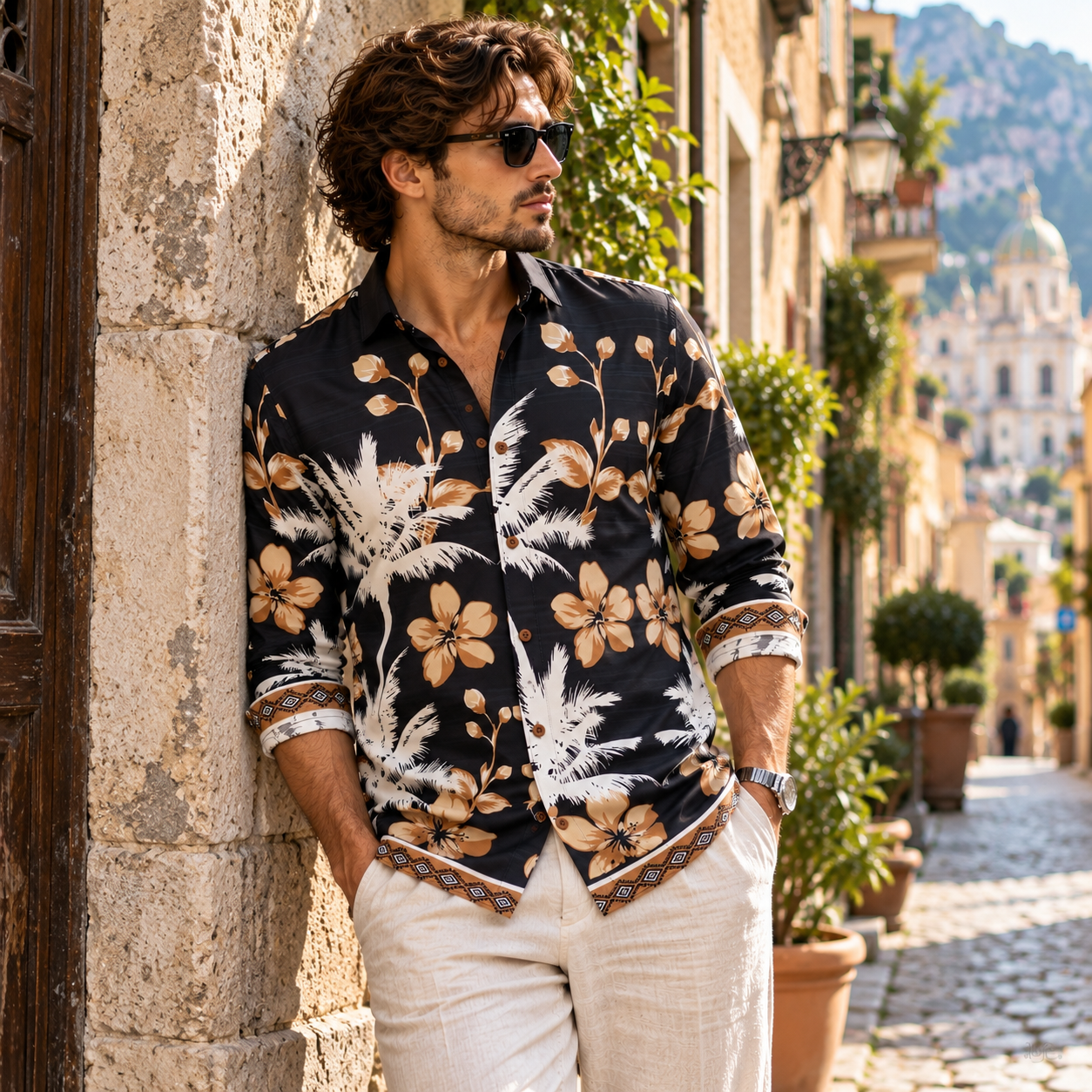 Black Tropical Floral Printed Linen shirt