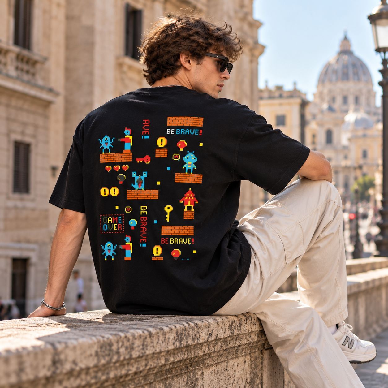 Black Pixel Art Graphic Oversized T-Shirt