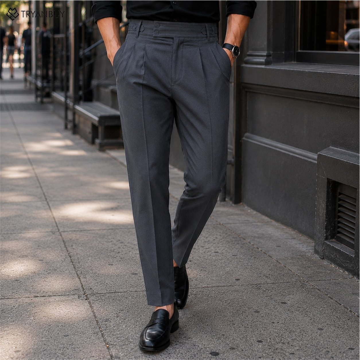 Men’s Pleated Gurkha Tailored Trousers –  Dark Slate Grey