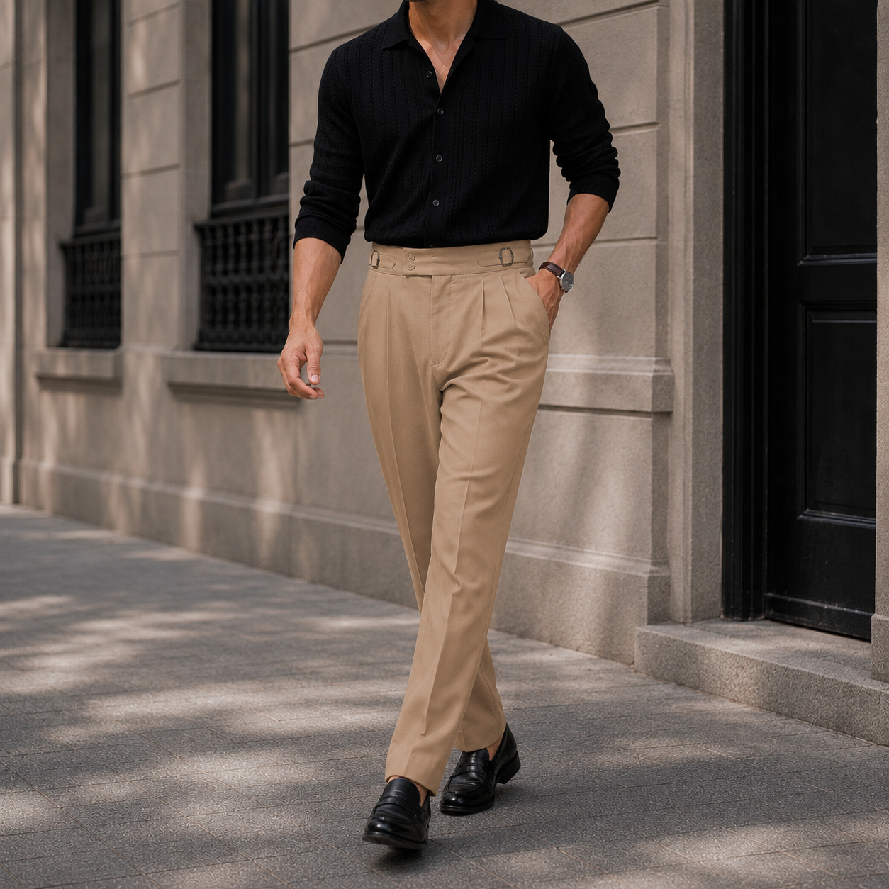 Beige Pleated Gurkha Trousers