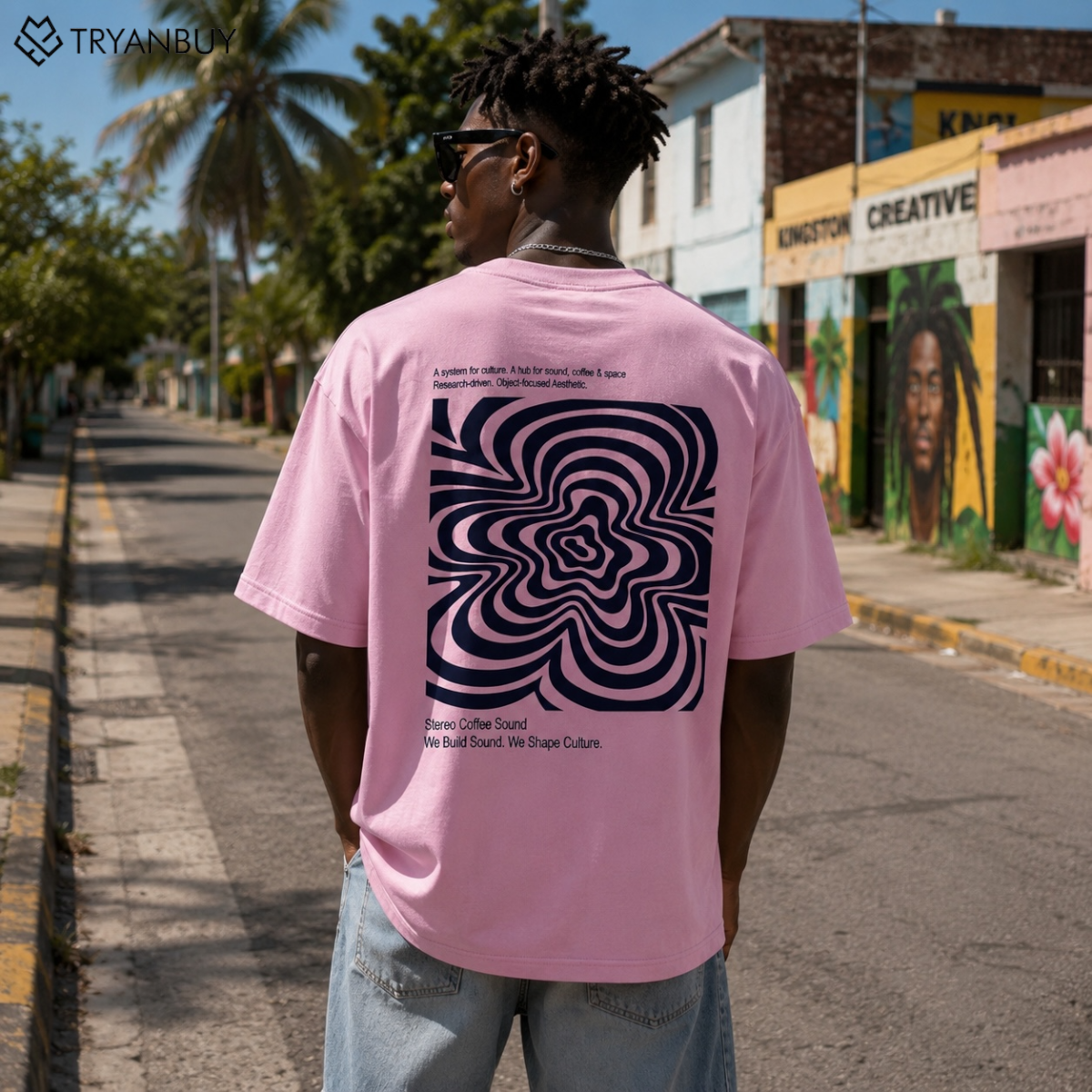 Abstract Wave Graphic Oversized T-Shirt – Lemonade Pink
