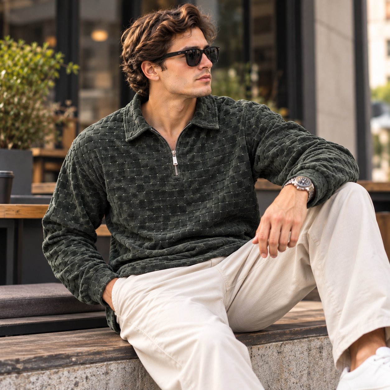Textured Quarter-Zip Pullover Sweatshirt – Charcoal Green
