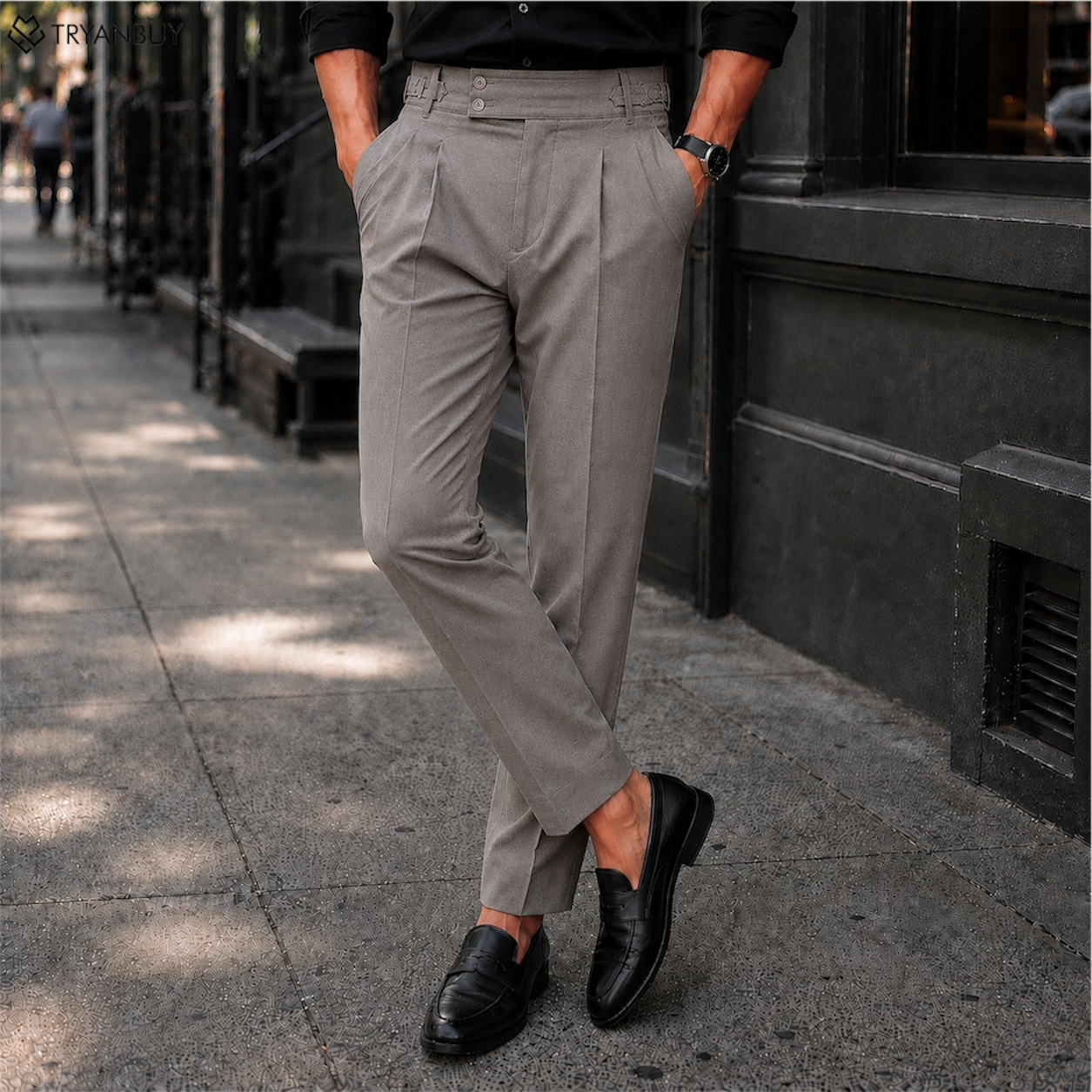 Light Grey Textured Pleated Gurkha Tailored Trousers