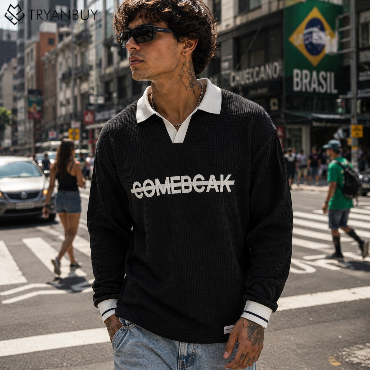 Black Premium Oversized Waffle Polo Sweatshirt