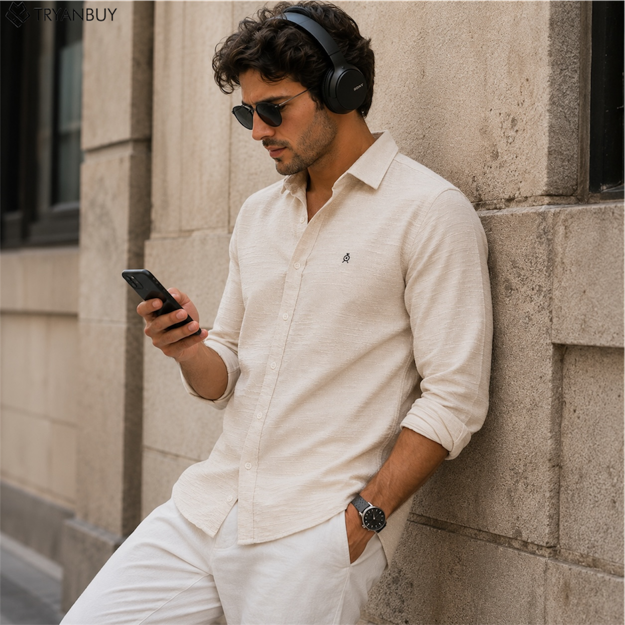 Classic  Sand Beige Textured  Casual Shirt