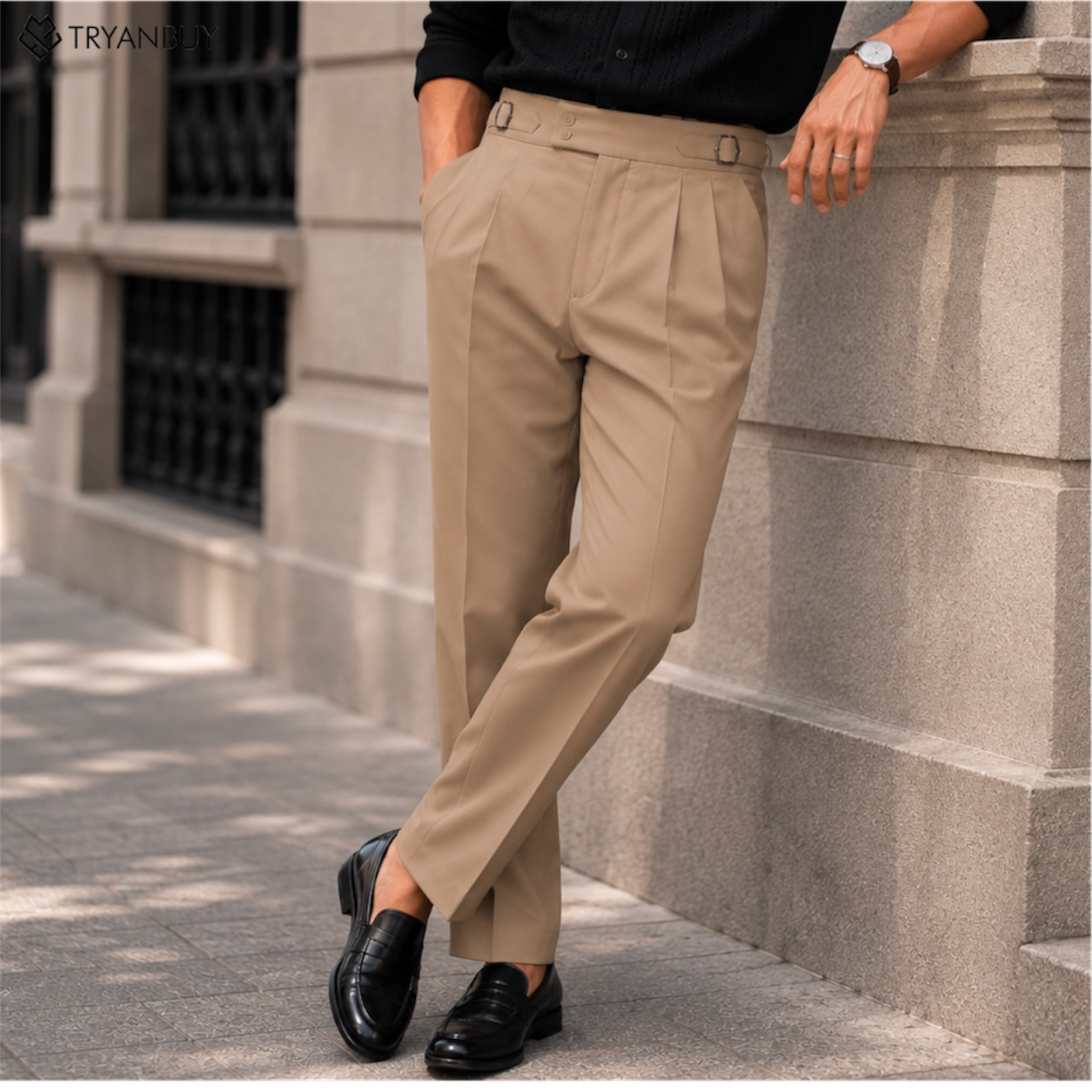 Beige Pleated Gurkha Trousers