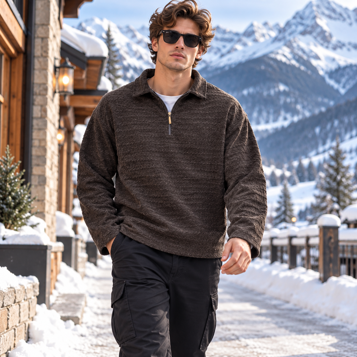 Textured Half-Zip Collar Sweatshirt – Dark Brown