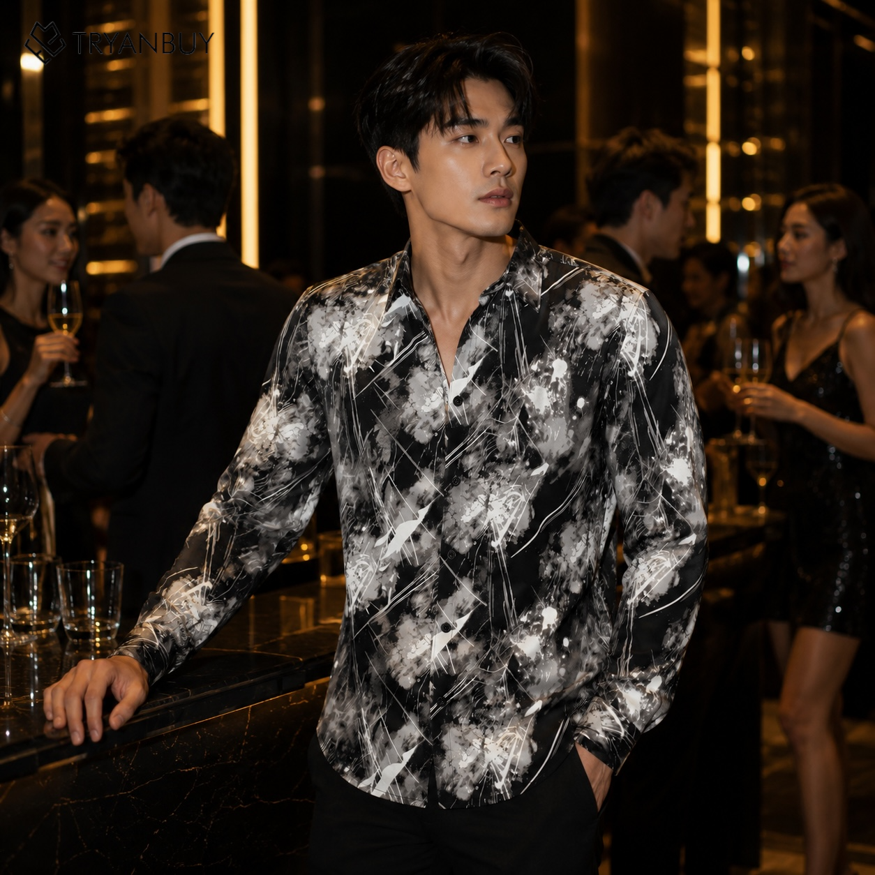 Black Abstract Printed Premium Casual Shirt