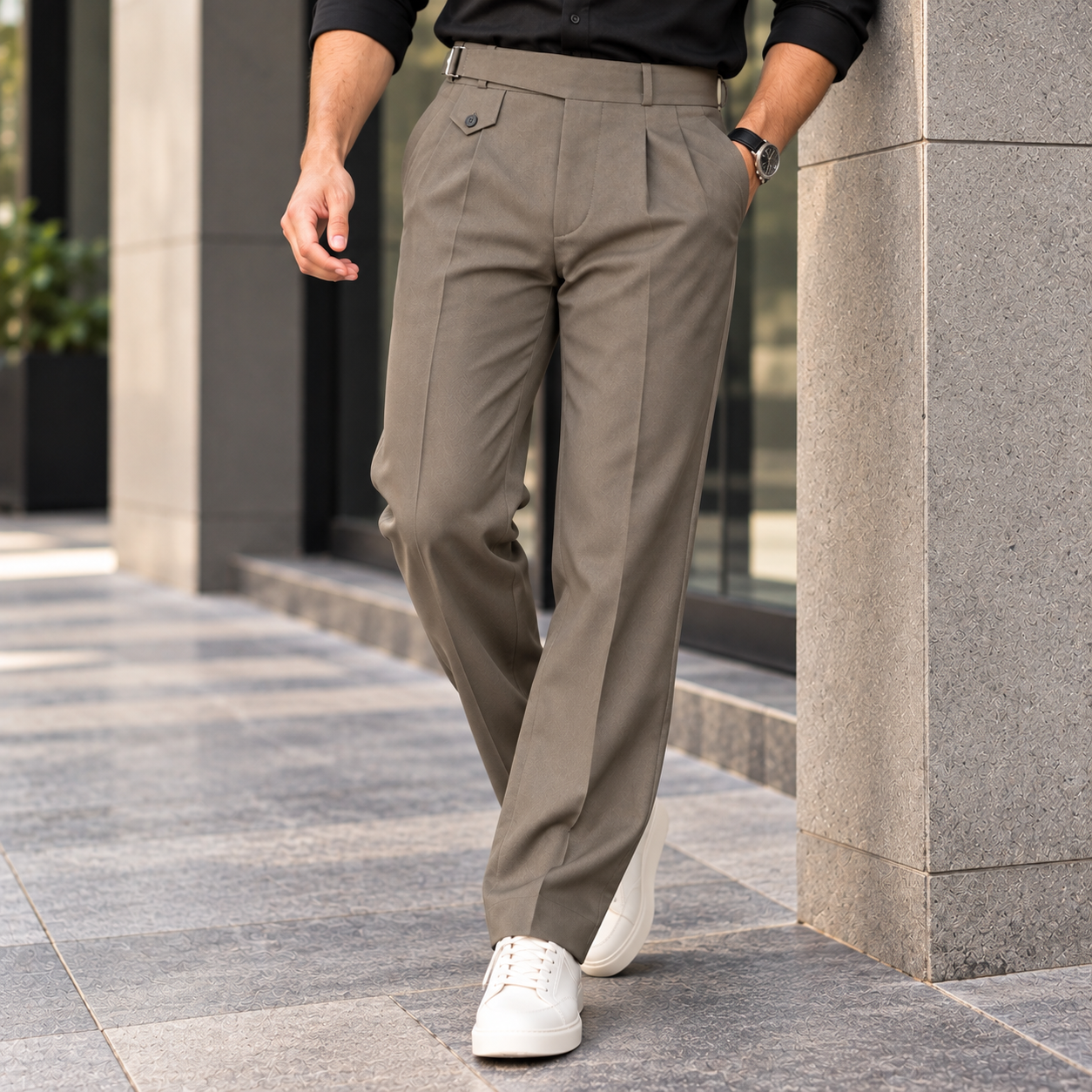 Taupe Grey Pleated Formal Trousers