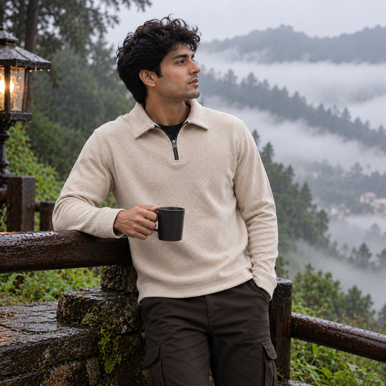 Nordic Beige Textured Quarter-Zip Sweatshirt