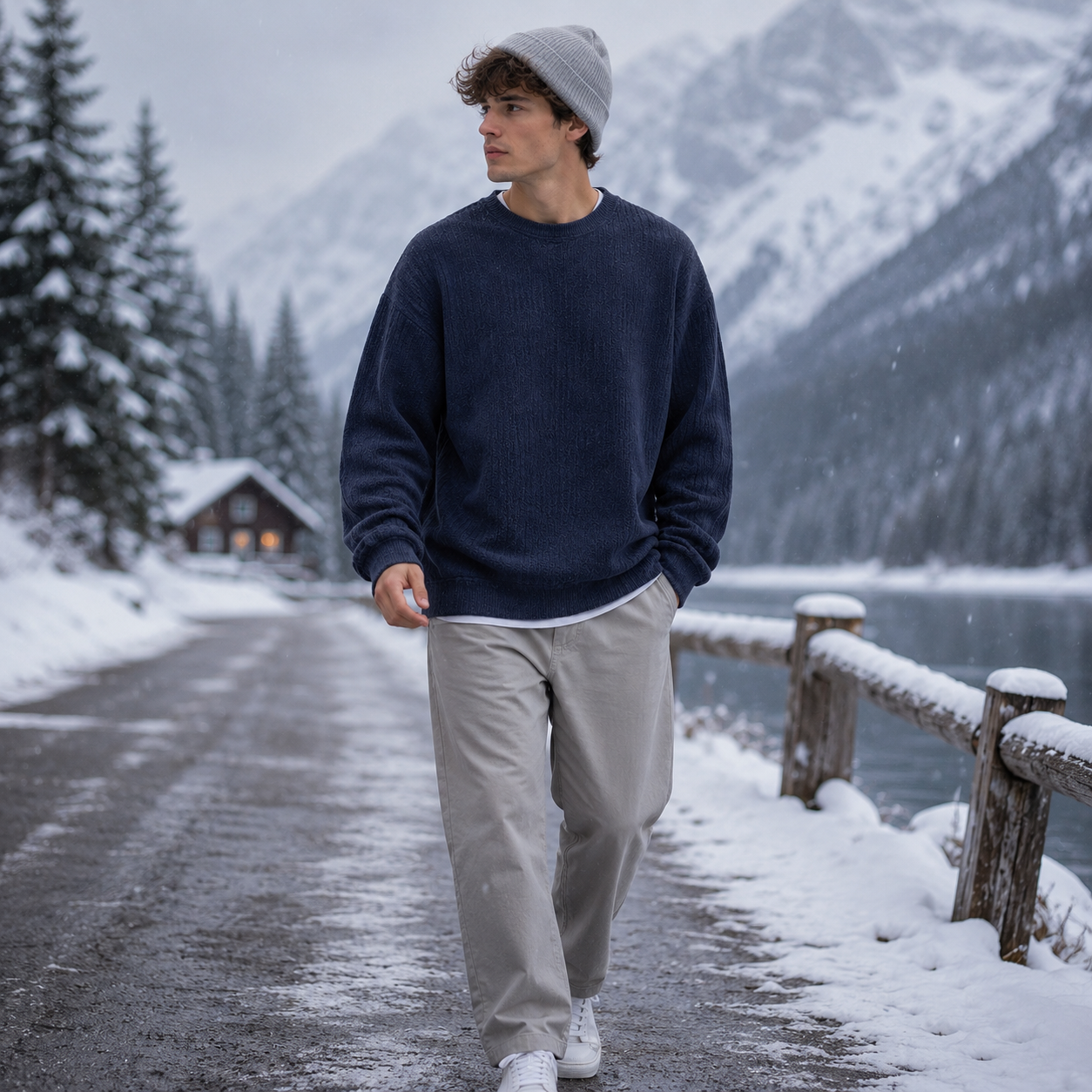 Men’s Waffle Knit Full Sleeve T-Shirt – Navy Blue