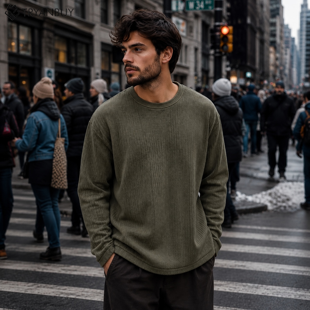 Urban Rib Knit Crewneck Sweater – Olive Green