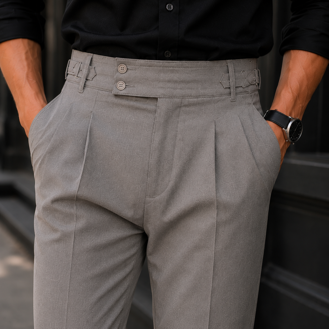 Light Grey Textured Pleated Gurkha Tailored Trousers