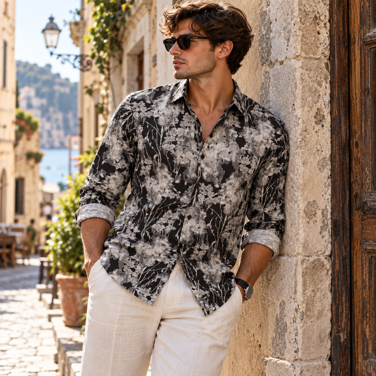Midnight Bloom Monochrome Printed Casual Shirt