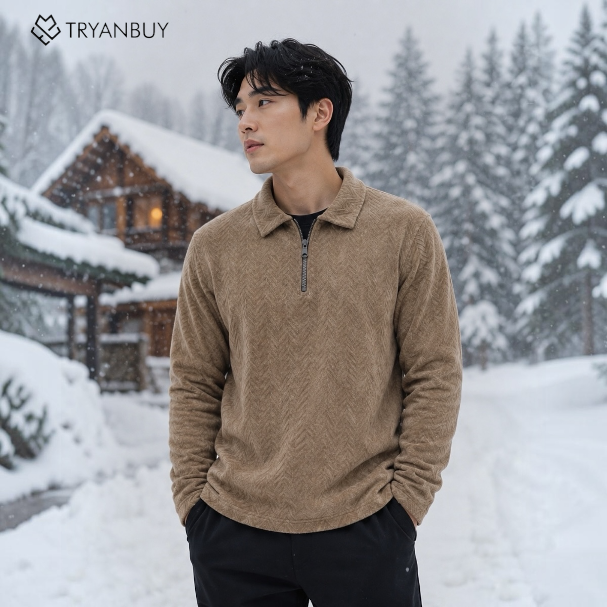 Mocha Textured Quarter Zip Sweatshirt
