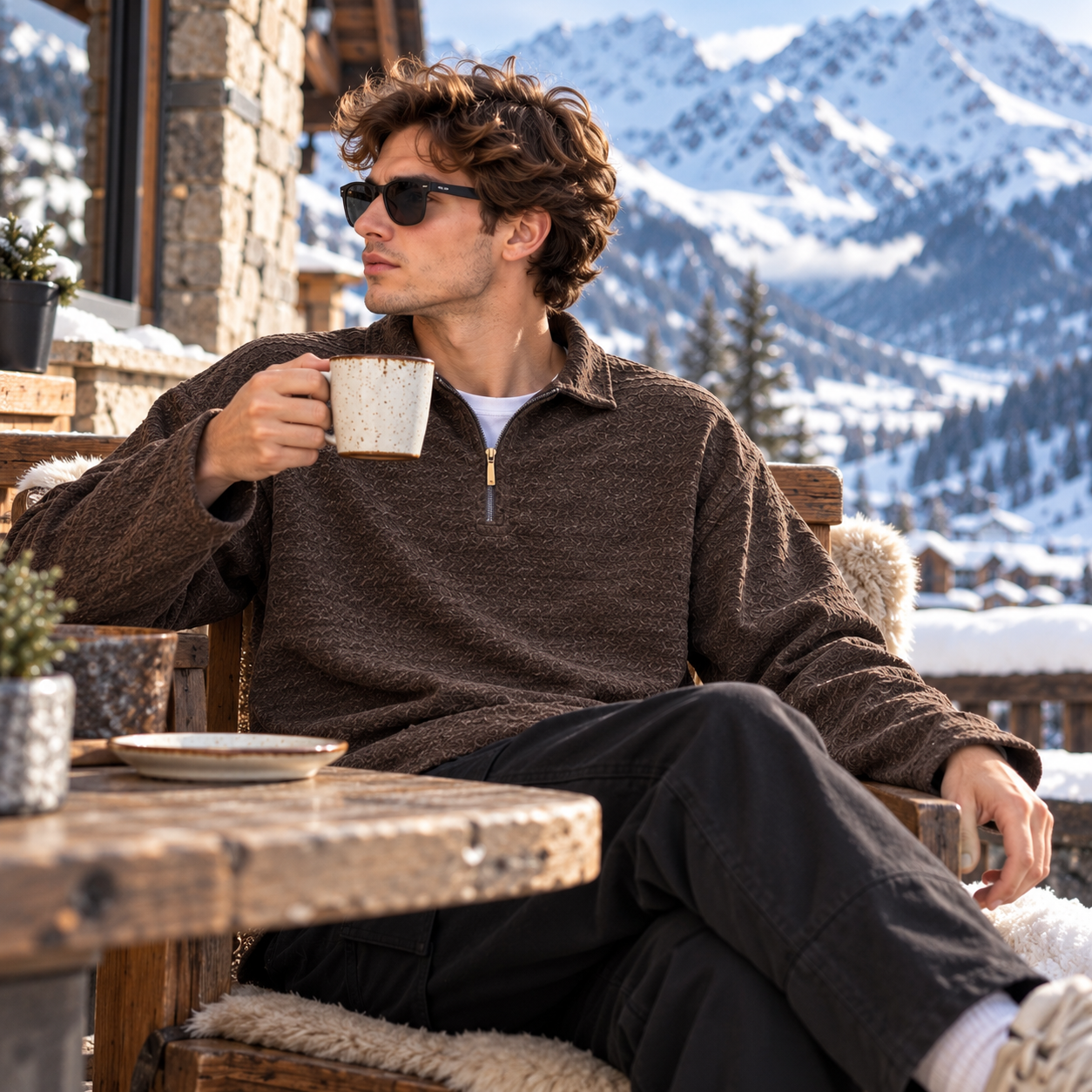 Textured Half-Zip Collar Sweatshirt – Dark Brown