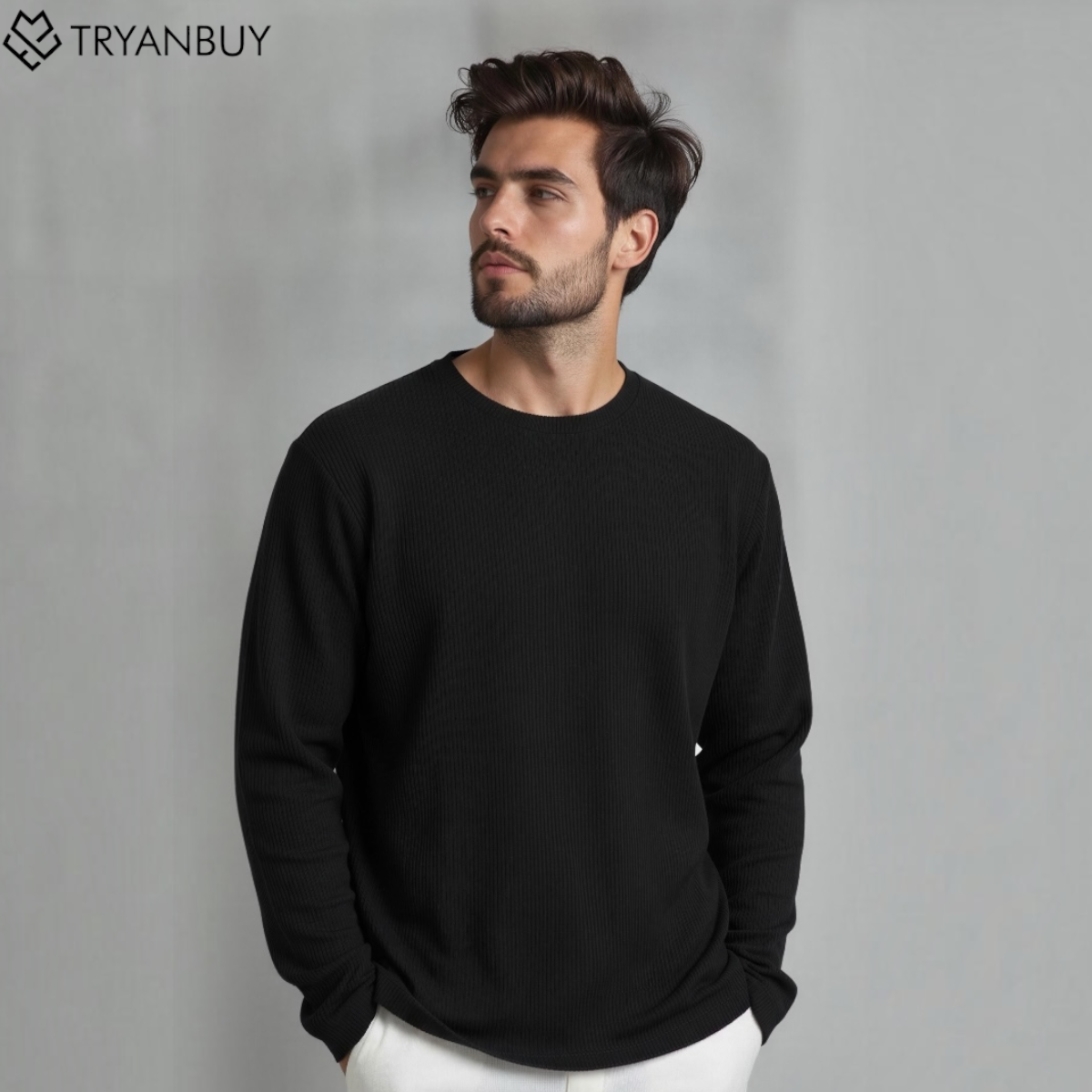 Urban Rib Knit Crewneck Sweatshirt – Black