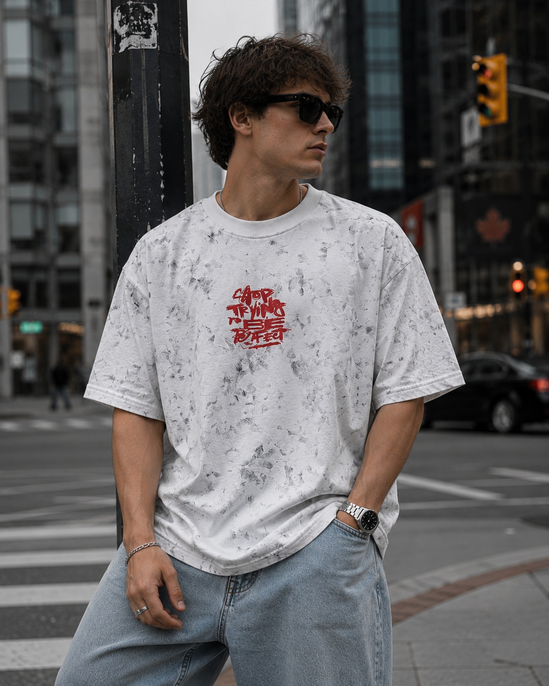 White Marble Wash Graphic Oversized  T-Shirt