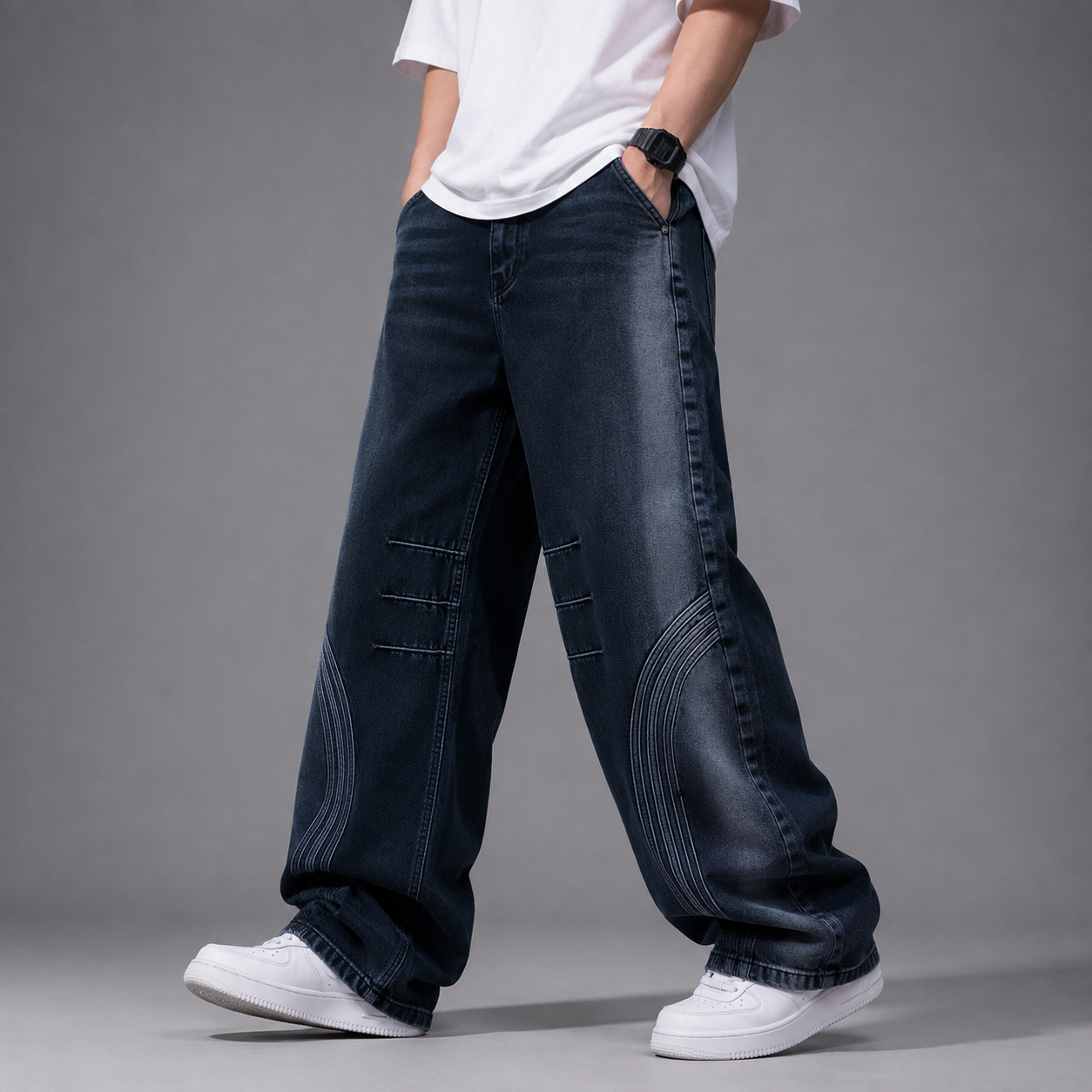 Dark Indigo Embroidered Panel Baggy Jeans